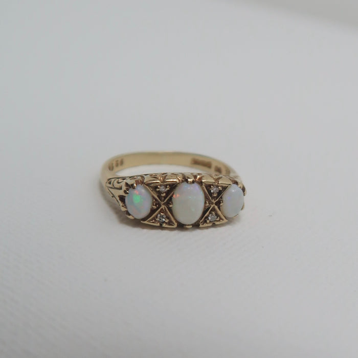 3 Stone Opal Diamond Boat Ring