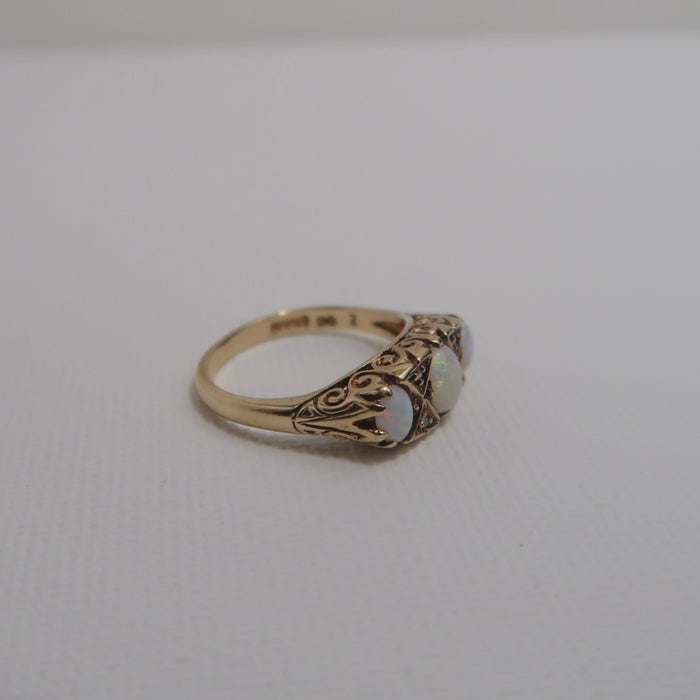 3 Stone Opal Diamond Boat Ring