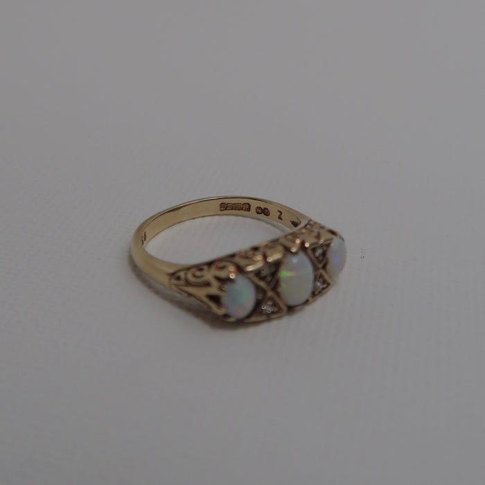 3 Stone Opal Diamond Boat Ring