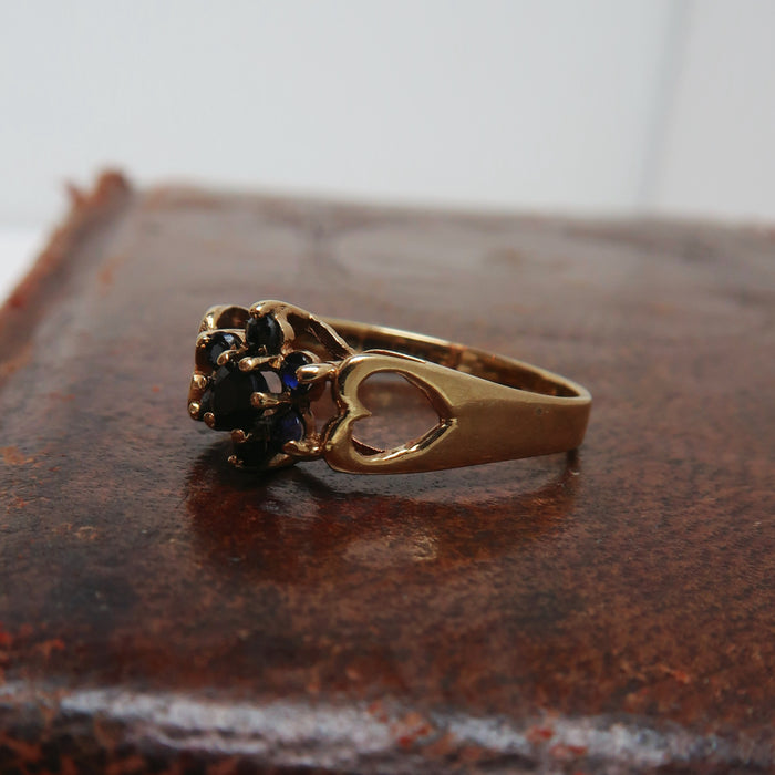 Dark Sapphire Flower Cluster Ring with Heart Detail