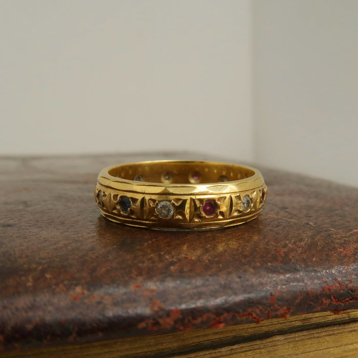 Vintage 18ct Gold Ruby, Sapphire & Diamond Star-Set Band Ring