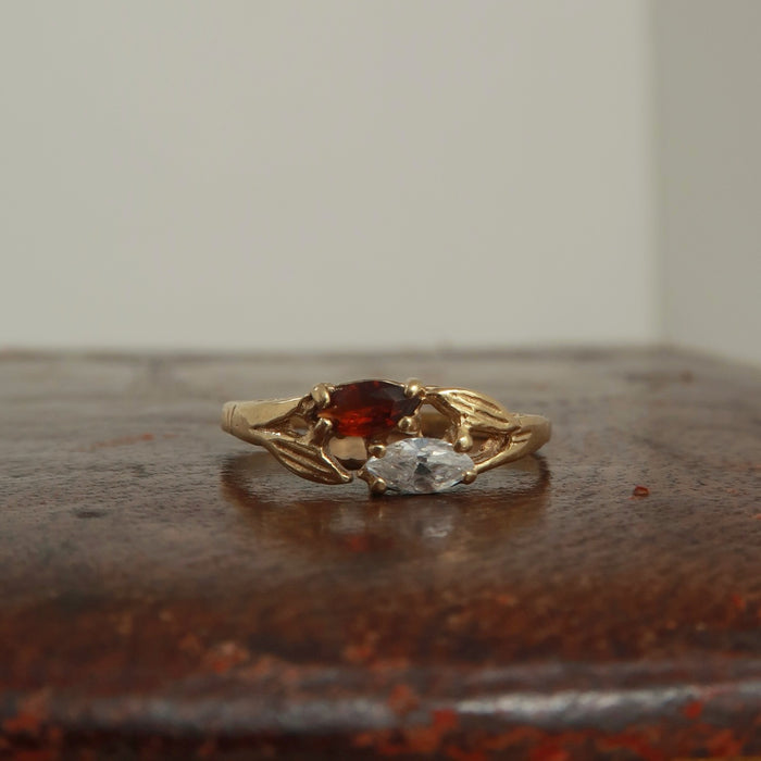 Dainty Garnet & CZ Leaf Ring