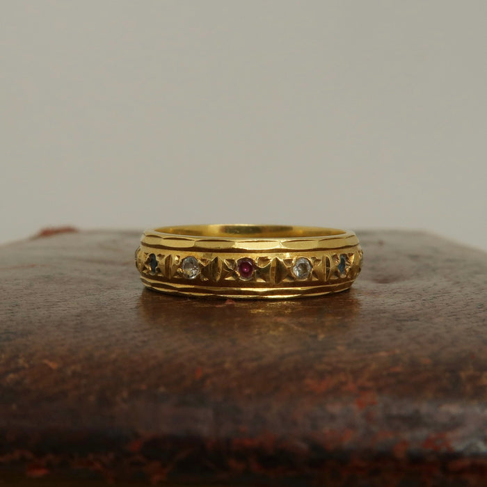 Vintage 18ct Gold Ruby, Sapphire & Diamond Star-Set Band Ring