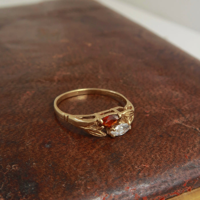 Dainty Garnet & CZ Leaf Ring