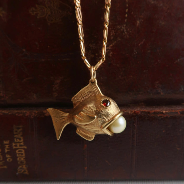 Vintage Fish Pendant with Garnet Eye & Pearl