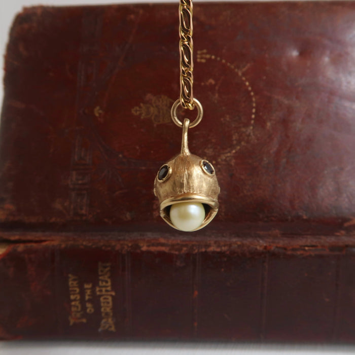 Vintage Fish Pendant with Garnet Eye & Pearl